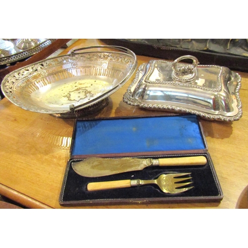 205 - Silver Plated Serving Dish and Bread Basket with Presentation Knife and Fork Contained Within Origin... 