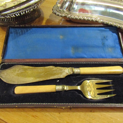 205 - Silver Plated Serving Dish and Bread Basket with Presentation Knife and Fork Contained Within Origin... 