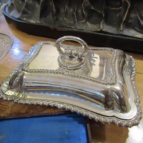 205 - Silver Plated Serving Dish and Bread Basket with Presentation Knife and Fork Contained Within Origin... 