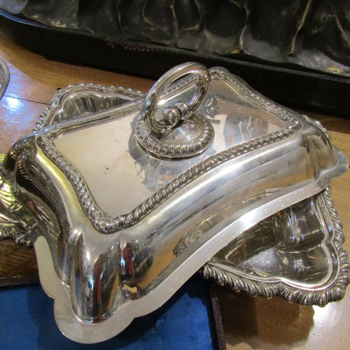 205 - Silver Plated Serving Dish and Bread Basket with Presentation Knife and Fork Contained Within Origin... 