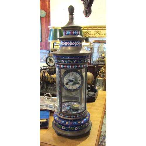 206 - Unusual Cloisine Decorated Circular Form Clock Working Order with Pendulum and Key Inset Glazed Pane... 