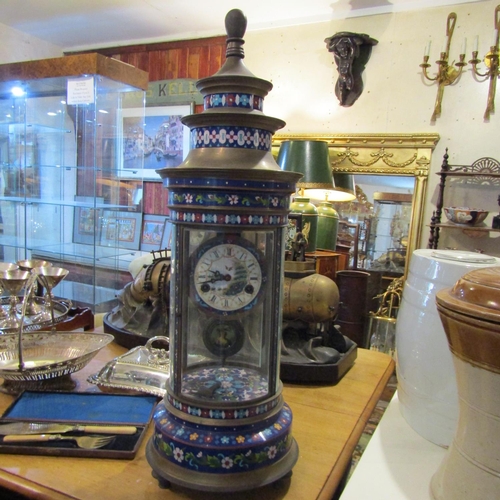 206 - Unusual Cloisine Decorated Circular Form Clock Working Order with Pendulum and Key Inset Glazed Pane... 