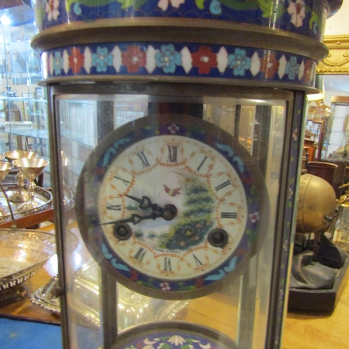 206 - Unusual Cloisine Decorated Circular Form Clock Working Order with Pendulum and Key Inset Glazed Pane... 