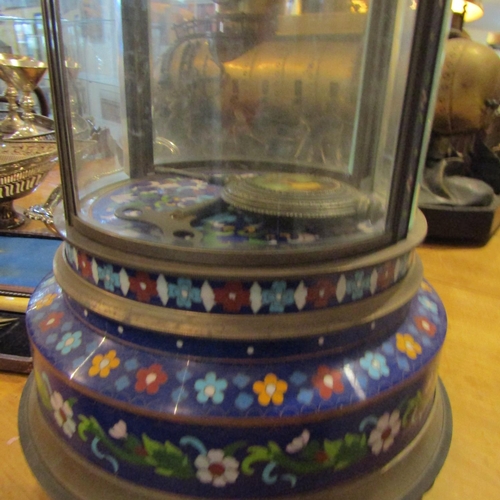 206 - Unusual Cloisine Decorated Circular Form Clock Working Order with Pendulum and Key Inset Glazed Pane... 