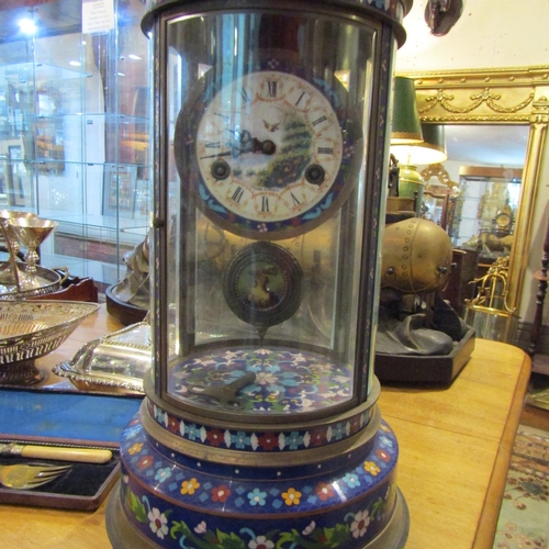 206 - Unusual Cloisine Decorated Circular Form Clock Working Order with Pendulum and Key Inset Glazed Pane... 