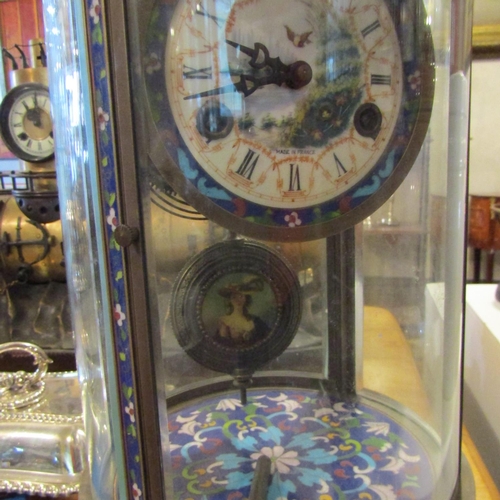 206 - Unusual Cloisine Decorated Circular Form Clock Working Order with Pendulum and Key Inset Glazed Pane... 