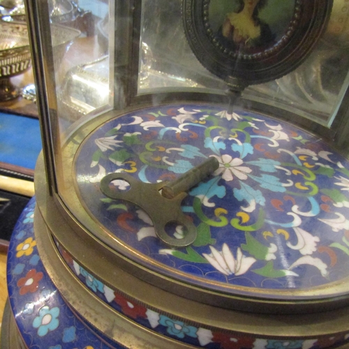 206 - Unusual Cloisine Decorated Circular Form Clock Working Order with Pendulum and Key Inset Glazed Pane... 