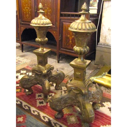 224 - Imposing Pair of Antique Cast Brass Andirons Finely Detailed Paw Supports Each Approximately 20 Inch... 