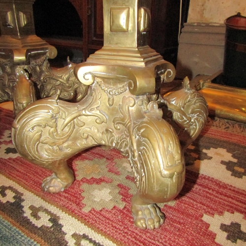 224 - Imposing Pair of Antique Cast Brass Andirons Finely Detailed Paw Supports Each Approximately 20 Inch... 