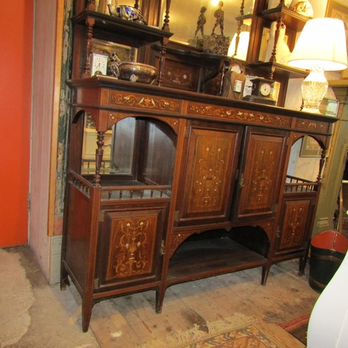 232 - Victorian Rosewood Marquetry Decorated Side Cabinet Inset Mirror Back Attractively Detailed Good Ori... 