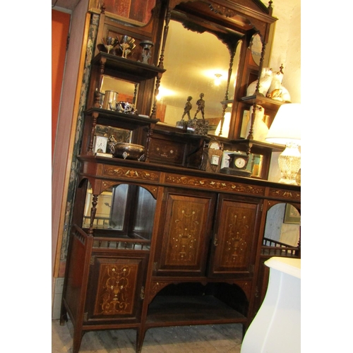 232 - Victorian Rosewood Marquetry Decorated Side Cabinet Inset Mirror Back Attractively Detailed Good Ori... 