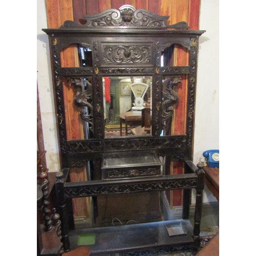 241 - Victorian Carved Oak Hall Stand with Inset Mirror Plate Approximately 4ft 6 Inches Wide x 7ft 6 Inch... 