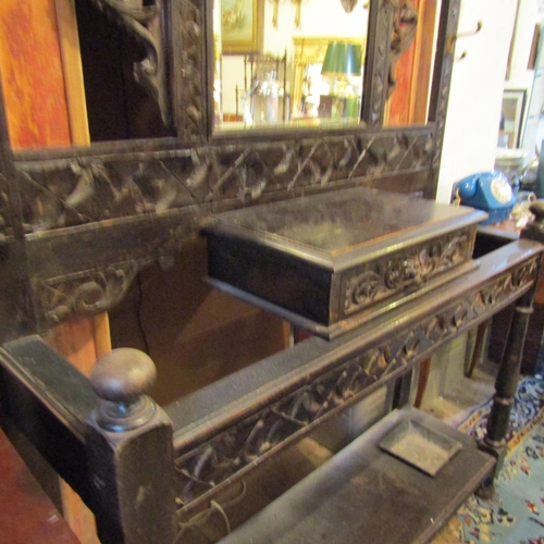 241 - Victorian Carved Oak Hall Stand with Inset Mirror Plate Approximately 4ft 6 Inches Wide x 7ft 6 Inch... 