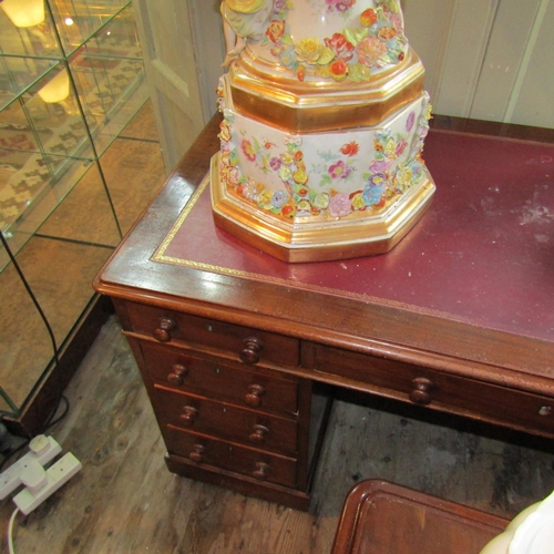 245 - Early Victorian Mahogany Twin Pedestal Desk Inset Gilt Tooled Leather Top Above Nine Drawers Approxi... 