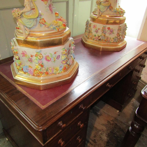 245 - Early Victorian Mahogany Twin Pedestal Desk Inset Gilt Tooled Leather Top Above Nine Drawers Approxi... 