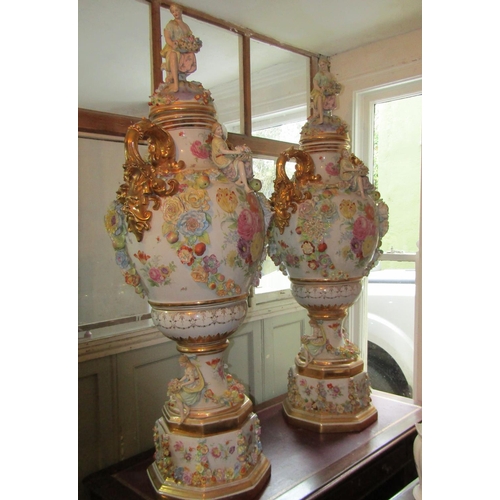 246 - Pair of Imposing Continental Porcelain Urns Each Approximately 4ft 6 Inches High Attractively Detail... 