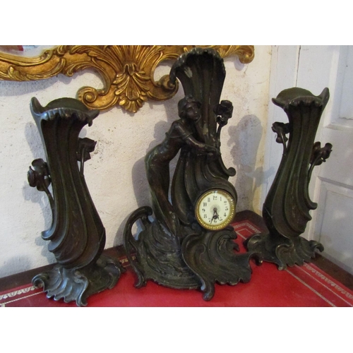 248 - Art Nouveau Three Piece Clock Suite Figural Decoration Tallest Approximately 20 Inches High