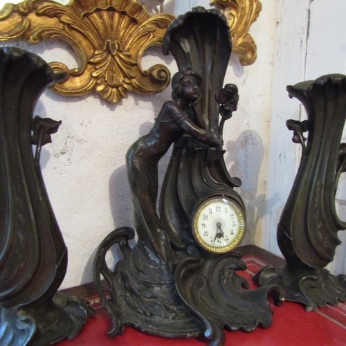 248 - Art Nouveau Three Piece Clock Suite Figural Decoration Tallest Approximately 20 Inches High