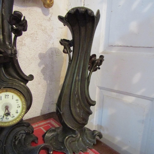 248 - Art Nouveau Three Piece Clock Suite Figural Decoration Tallest Approximately 20 Inches High