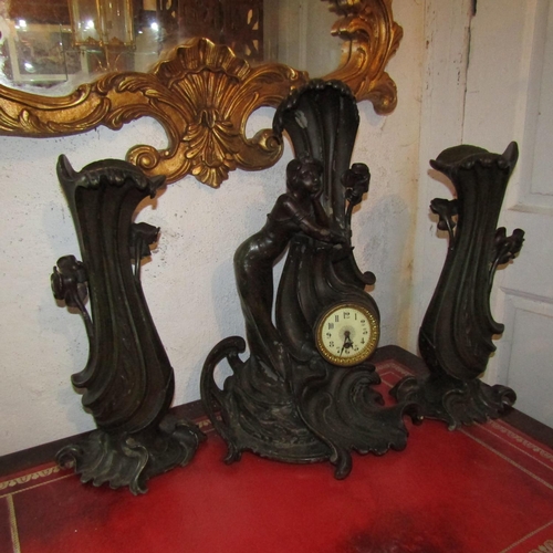 248 - Art Nouveau Three Piece Clock Suite Figural Decoration Tallest Approximately 20 Inches High