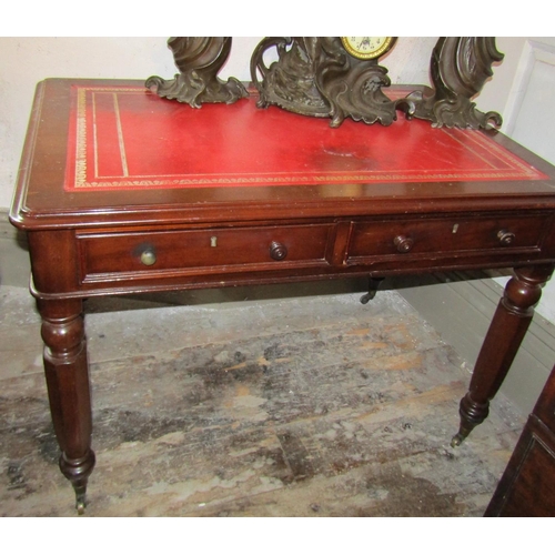 249 - Irish William IV Mahogany Two Drawer Writing Table Inset Burgundy Leather Gilt Tooled Top Above Turn... 