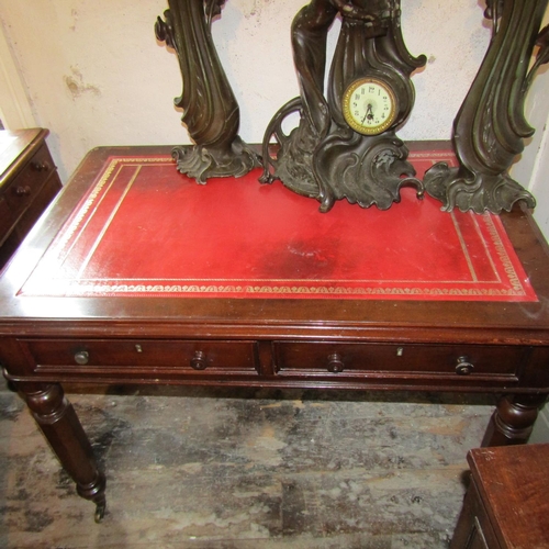 249 - Irish William IV Mahogany Two Drawer Writing Table Inset Burgundy Leather Gilt Tooled Top Above Turn... 