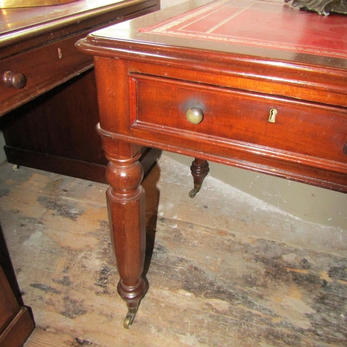 249 - Irish William IV Mahogany Two Drawer Writing Table Inset Burgundy Leather Gilt Tooled Top Above Turn... 