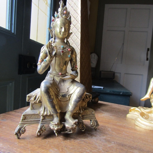 253 - Eastern Gilded Bronze Figure Seated Deity Attractively Detailed 9 Inches High