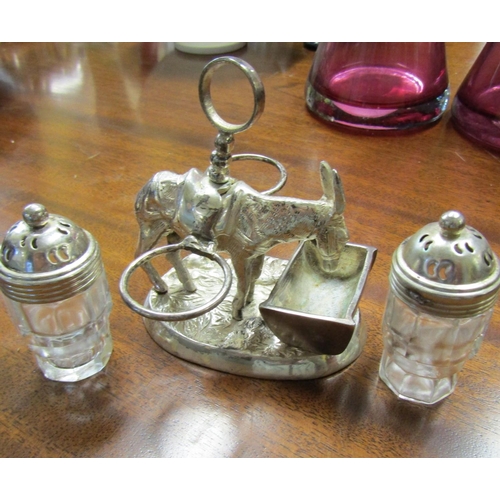 Irish Silver Plated Cruet Stand with Crystal Salt and Peppers Donkey with Trough Attractively Detailed Approximately 4 Inches High