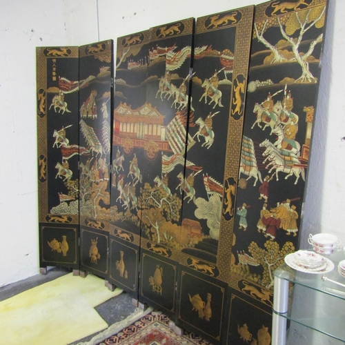 569 - Large Oriental Floor Screen Laquerwork Decoration Extends to Approximately 9ft x 7ft High