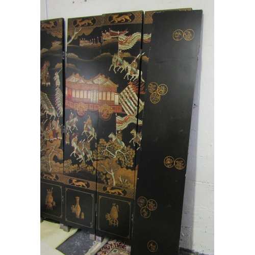 569 - Large Oriental Floor Screen Laquerwork Decoration Extends to Approximately 9ft x 7ft High