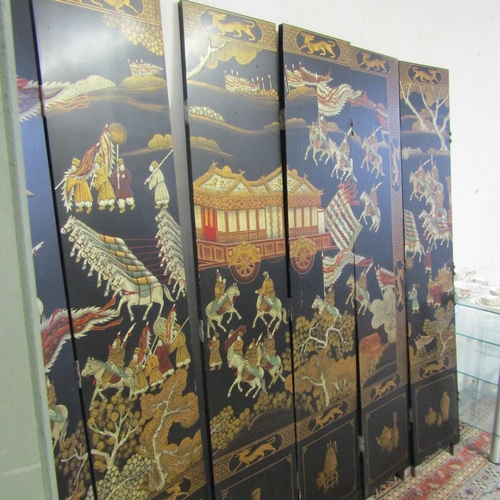 569 - Large Oriental Floor Screen Laquerwork Decoration Extends to Approximately 9ft x 7ft High