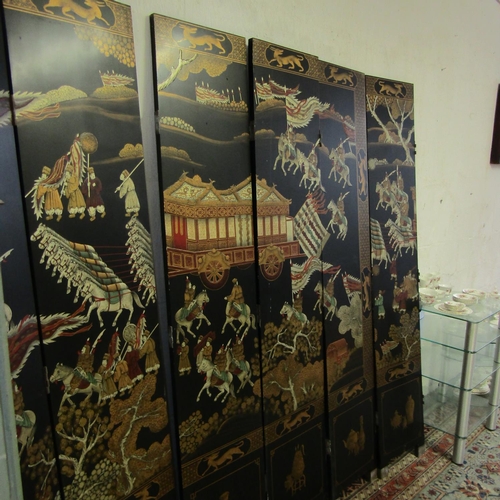 569 - Large Oriental Floor Screen Laquerwork Decoration Extends to Approximately 9ft x 7ft High