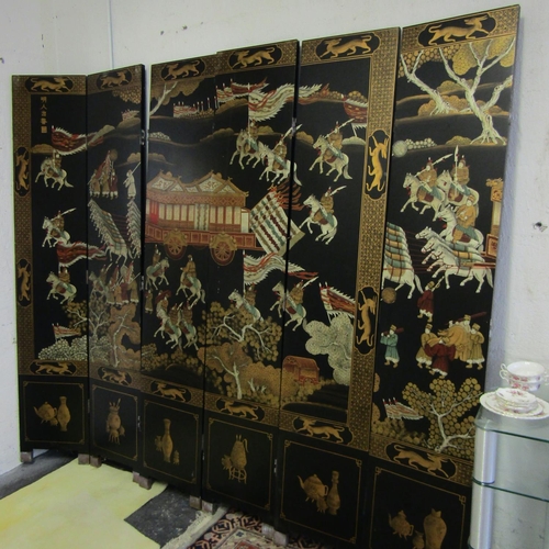 569 - Large Oriental Floor Screen Laquerwork Decoration Extends to Approximately 9ft x 7ft High