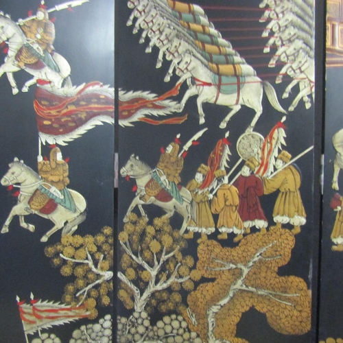 569 - Large Oriental Floor Screen Laquerwork Decoration Extends to Approximately 9ft x 7ft High