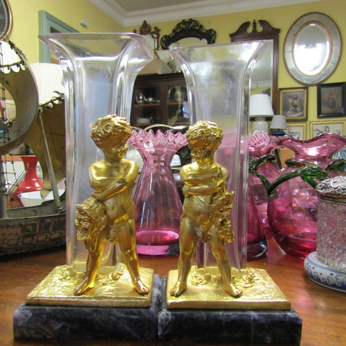 577 - Pair of Gilded Bronze Cherub Motif Decorated Flower Vases with Crystal Insets Possibly Bluejohn Crys... 