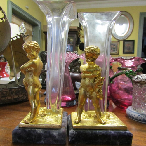 577 - Pair of Gilded Bronze Cherub Motif Decorated Flower Vases with Crystal Insets Possibly Bluejohn Crys... 