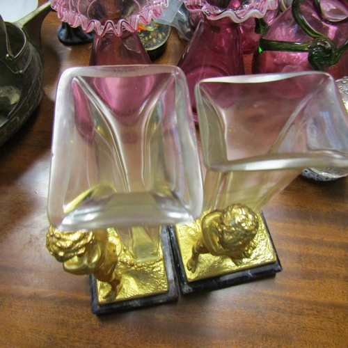 577 - Pair of Gilded Bronze Cherub Motif Decorated Flower Vases with Crystal Insets Possibly Bluejohn Crys... 