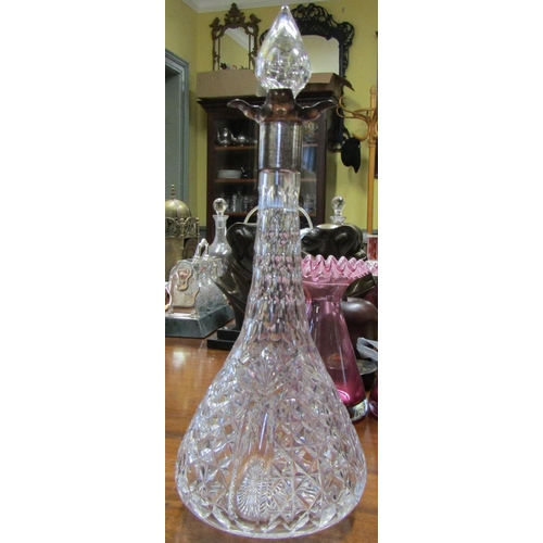 583 - Silver Collar Cut Crystal Shaped Formed Decanter with Original Stopper Approximately 13 Inches High