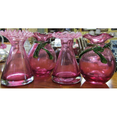 585 - Two Pairs of Ruby Glass Vases One Emerald Glass Ribbon Motif Decoration