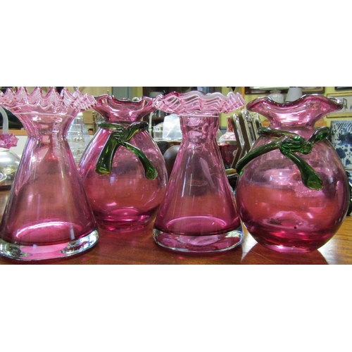 585 - Two Pairs of Ruby Glass Vases One Emerald Glass Ribbon Motif Decoration