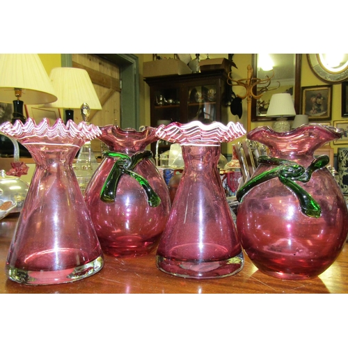 585 - Two Pairs of Ruby Glass Vases One Emerald Glass Ribbon Motif Decoration