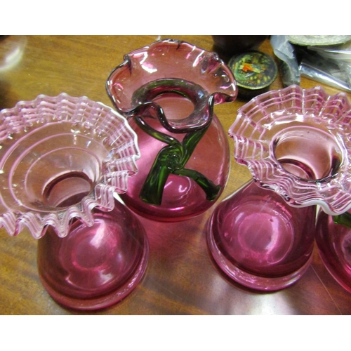 585 - Two Pairs of Ruby Glass Vases One Emerald Glass Ribbon Motif Decoration