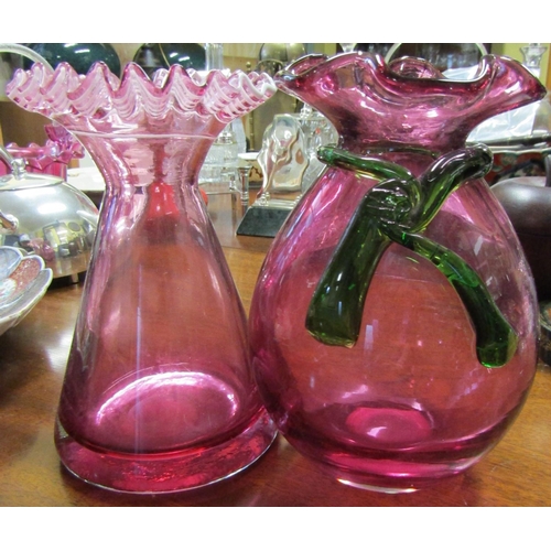 585 - Two Pairs of Ruby Glass Vases One Emerald Glass Ribbon Motif Decoration