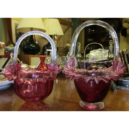 586 - Two Ruby Glass Table Baskets Attractively Detailed Tallest Approximately Nine High