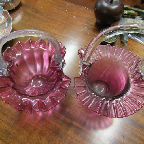 586 - Two Ruby Glass Table Baskets Attractively Detailed Tallest Approximately Nine High