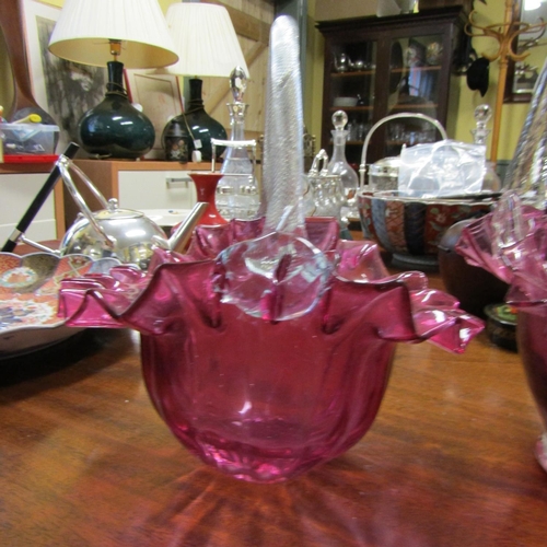 586 - Two Ruby Glass Table Baskets Attractively Detailed Tallest Approximately Nine High