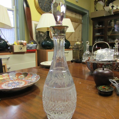 596 - Silver Collar Cut Crystal Decanter Etched Glass Decoration Approximately 12 Inches High Original Sto... 