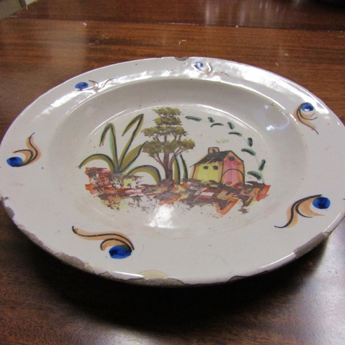 599 - Old Delphware Dutch Charger with Painted Scene Approximately 10 Inches Diameter