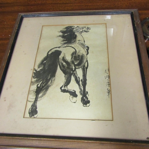 600 - Oriental Ink Drawing of Horse Signed with Characters Lower Right Approximately 12 Inches High x 7 In... 